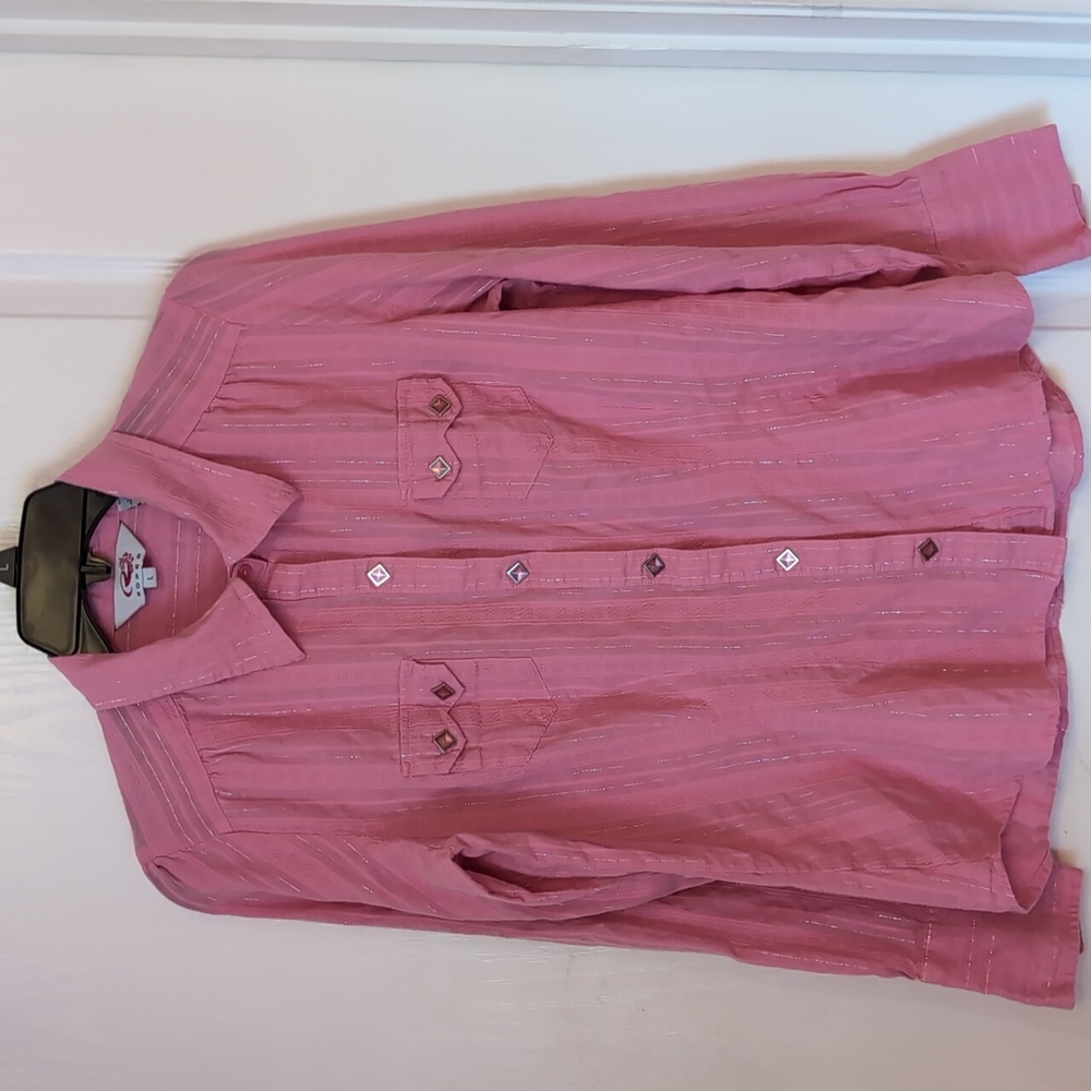 Roper Pink & Silver Metallic Western Shirt. Pearl Snaps. Size L. Cowgirl
